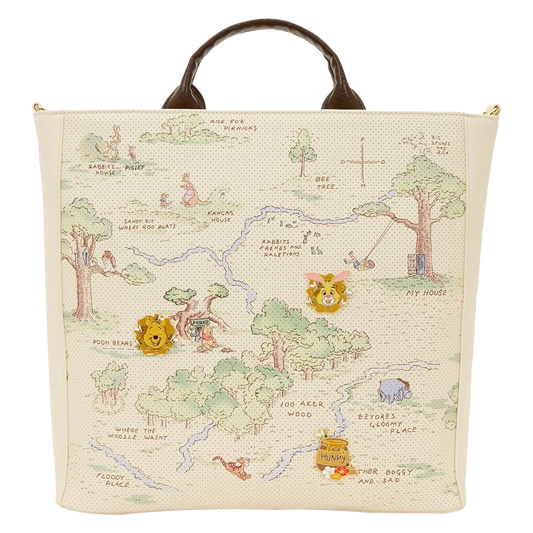 Winnie the Pooh Hundred Acre Wood Loungefly Tote Bag with a map design featuring characters and elements from Winnie The Pooh a white background.