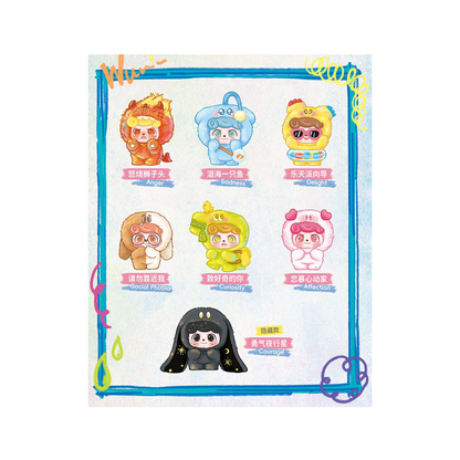 Set of colorful Q Kid emotional hairy monsters character with different expressions and names on a white background.