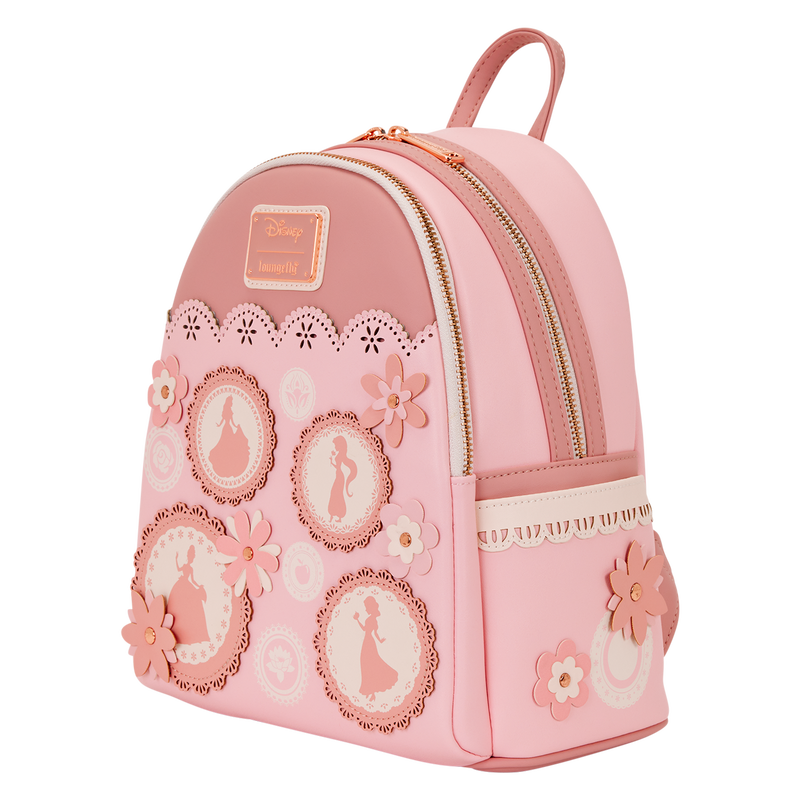 Disney Princesses Loungefly pink backpack with decorative flower elements on a white background