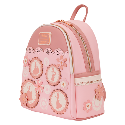 Disney Princesses Loungefly pink backpack with decorative flower elements on a white background