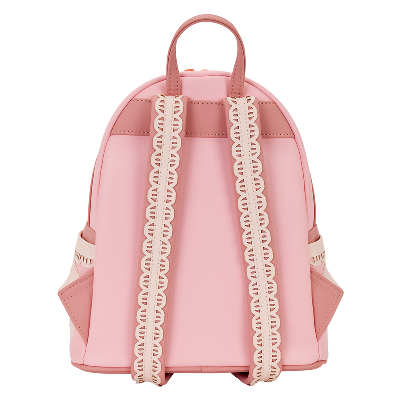 Pink Disney Princesses Loungefly backpack with lace details on a white background