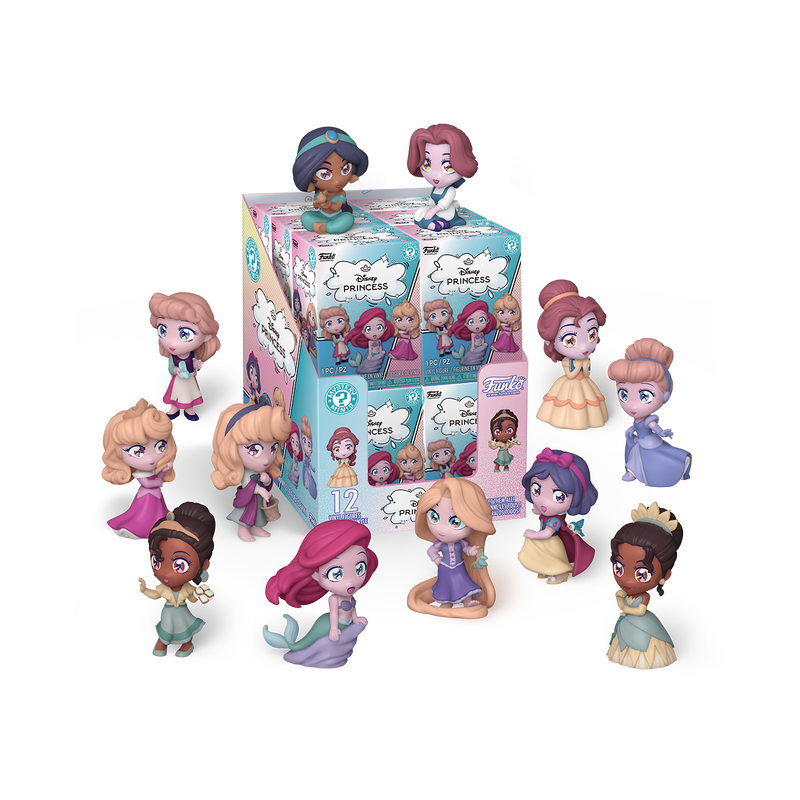 Collection of Disney Princess figurines with packaging on a white background