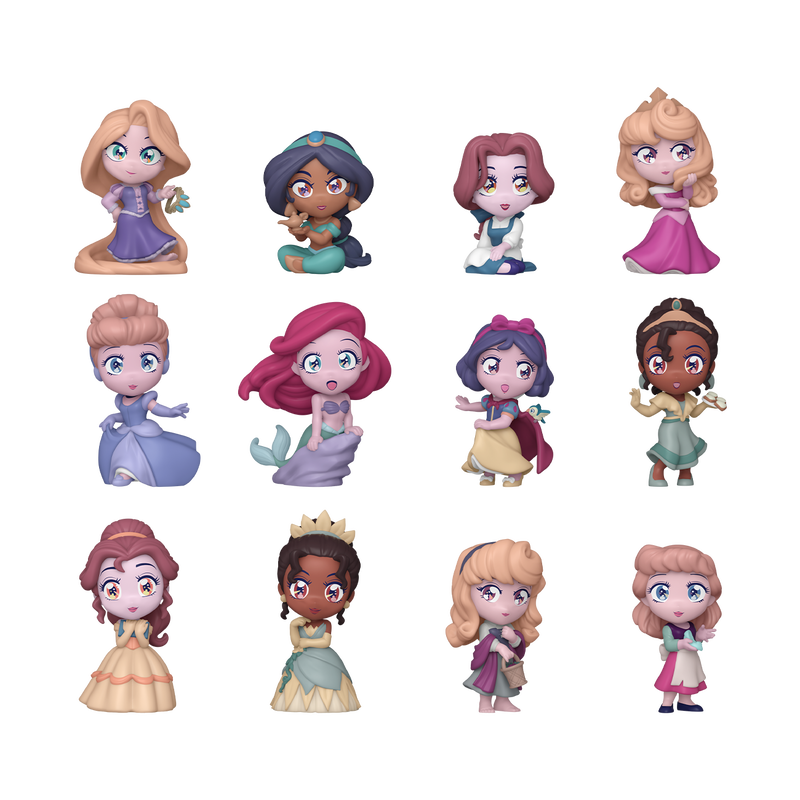 Set of miniature Disney princess figurines on a white background