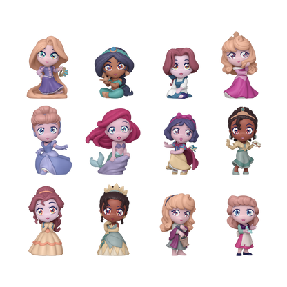 Set of miniature Disney princess figurines on a white background