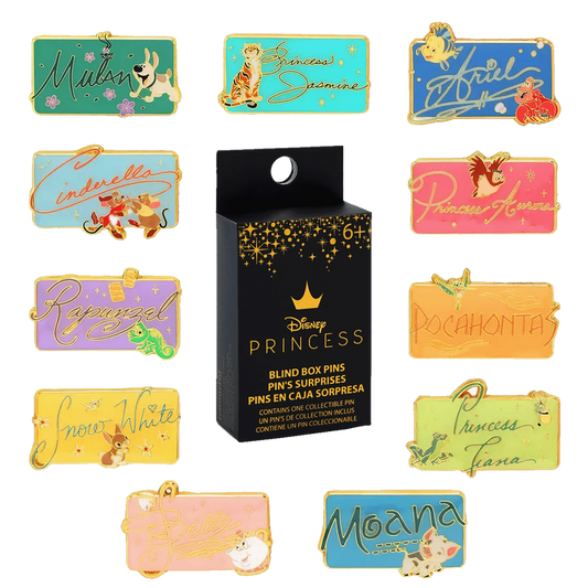 Collection of Disney Princess signature Loungefly pins with a blind box packaging on a white background