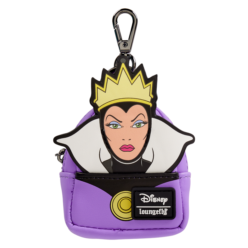 Purple Disney Loungefly bag charm shaped like the Evil Queen