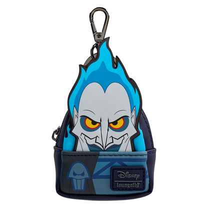 Blue and black Disney Hades shaped Loungefly bag charm with a Disney Loungefly label on a white background