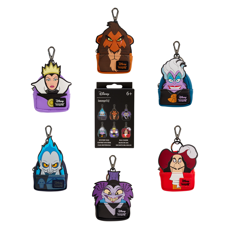 Set of Disney villains Loungefly bag charms with blind box packaging on a white background