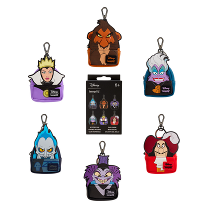 Set of Disney villains Loungefly bag charms with blind box packaging on a white background