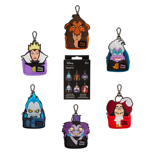 Set of Disney villains Loungefly bag charms with blind box packaging on a white background