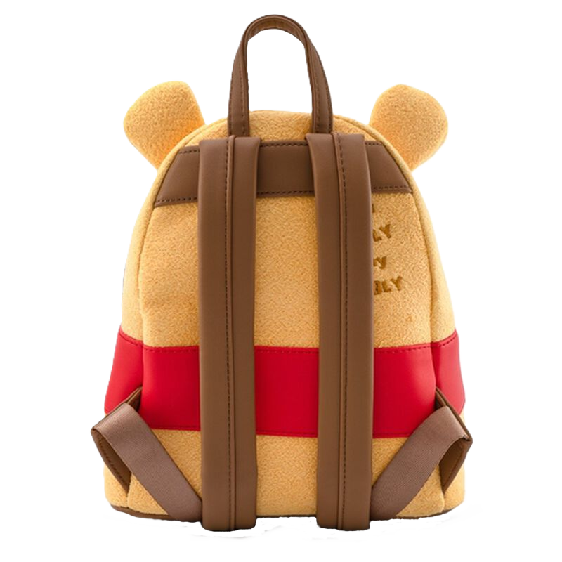 Winnie the Pooh Loungefly backpack with bear ears and red and brown design on a white background