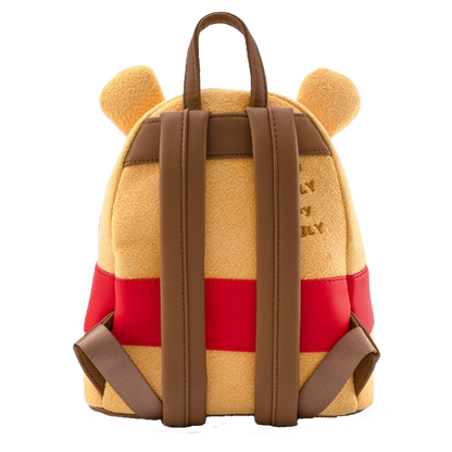 Winnie the Pooh Loungefly backpack with bear ears and red and brown design on a white background