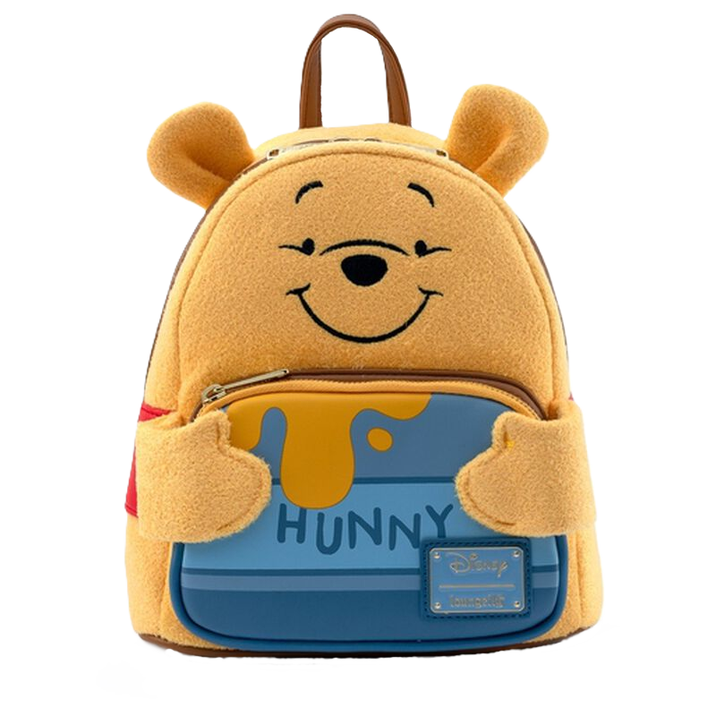 Winnie the Pooh Loungefly backpack designed like Winnie with a 'Hunny' pouch on a white background