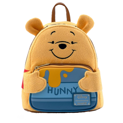 Winnie the Pooh Loungefly backpack designed like Winnie with a 'Hunny' pouch on a white background