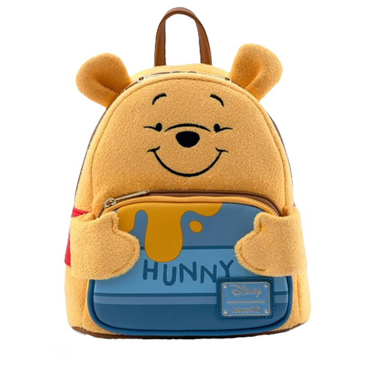 Winnie the Pooh Loungefly backpack designed like Winnie with a 'Hunny' pouch on a white background