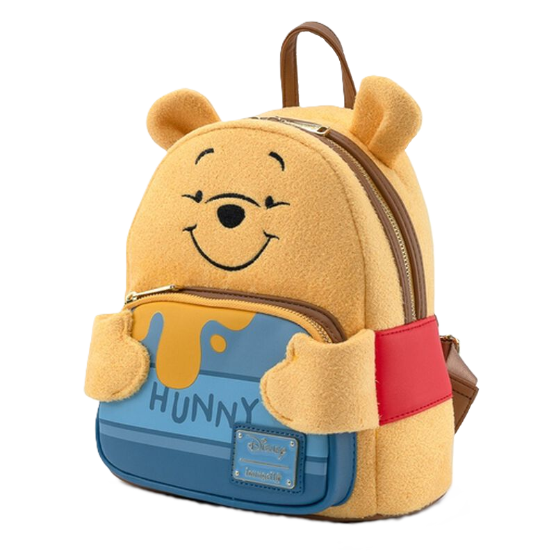 Winnie the Pooh Loungefly backpack with a blue Hunny pot design on a white background
