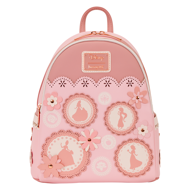 Disney Loungefly pink princesses backpack with floral and silhouette designs on a white background