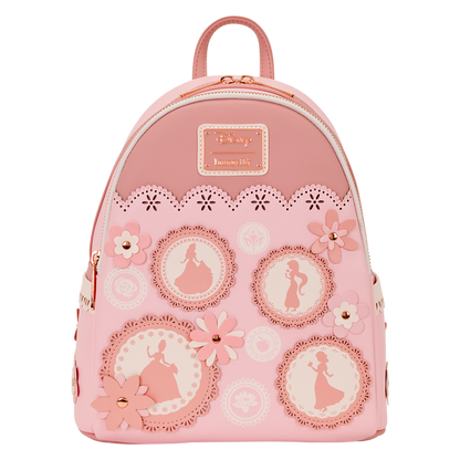 Disney Loungefly pink princesses backpack with floral and silhouette designs on a white background