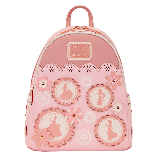 Disney Loungefly pink princesses backpack with floral and silhouette designs on a white background