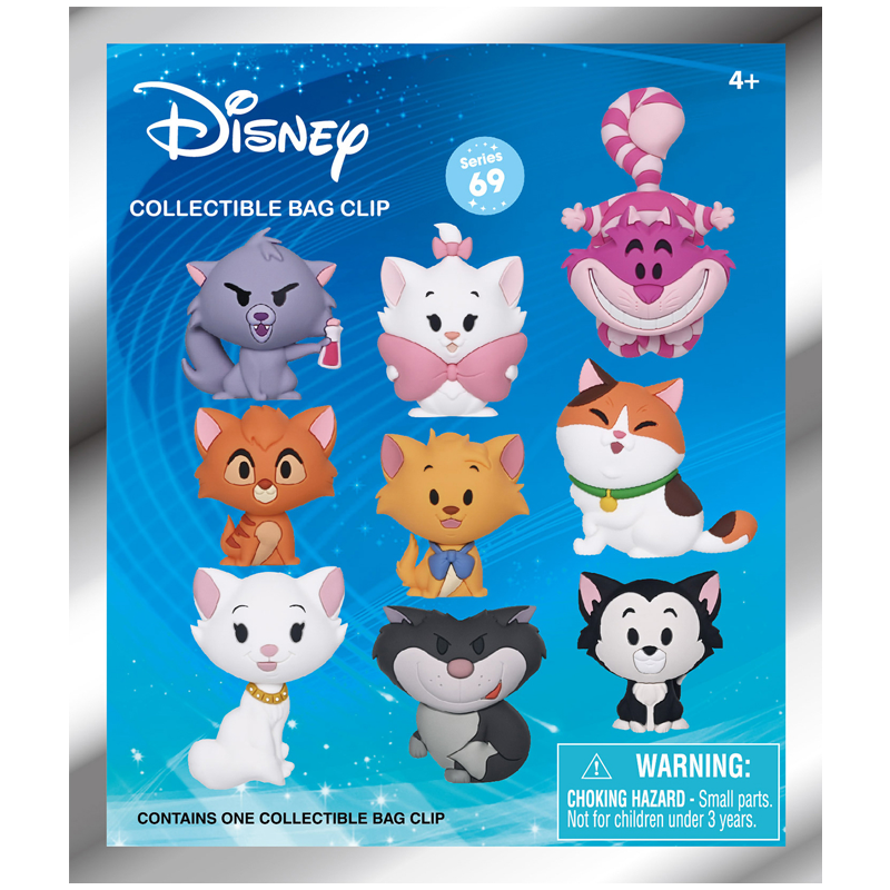 Disney collectible bag clip packaging with various cat-like characters on a blue background