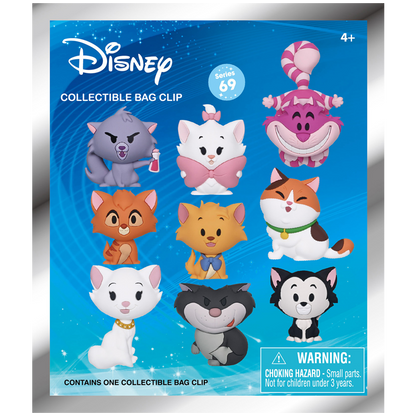 Disney collectible bag clip packaging with various cat-like characters on a blue background