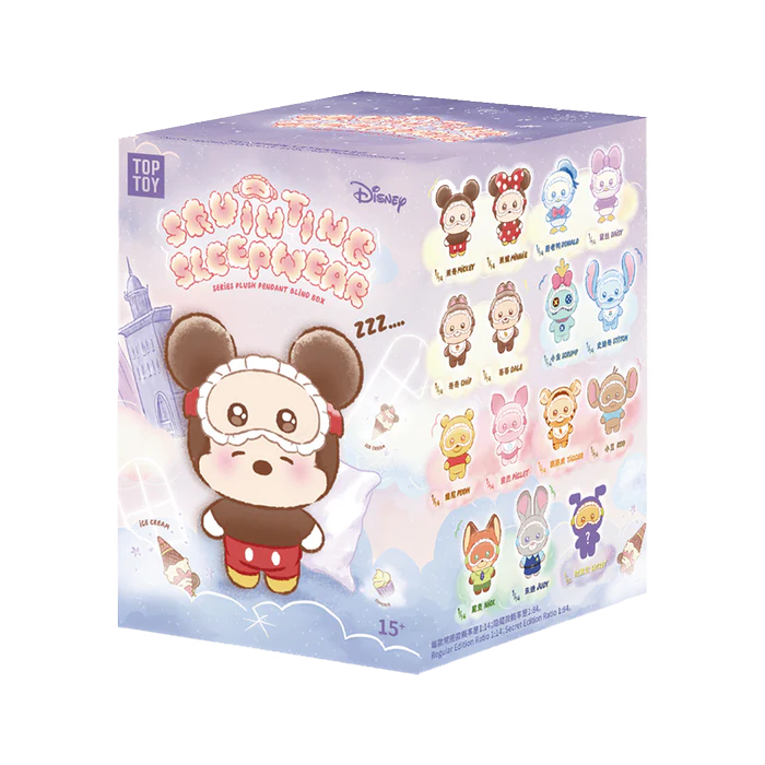 Disney squinting sleepwear blind box featuring Mickey Mouse and product details on a white background