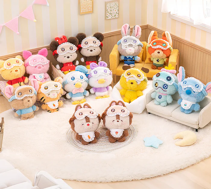 Collection of colorful plush toys featuring all the characters in Disney squinting sleepwear blind box in a room setting