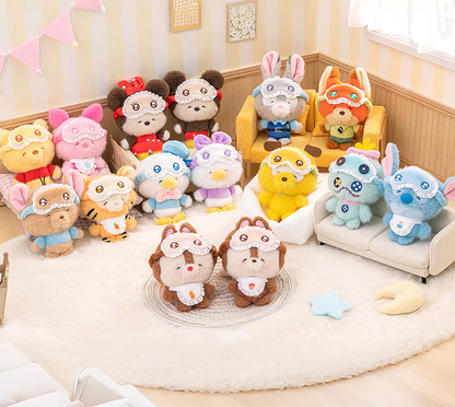 Collection of colorful plush toys featuring all the characters in Disney squinting sleepwear blind box in a room setting