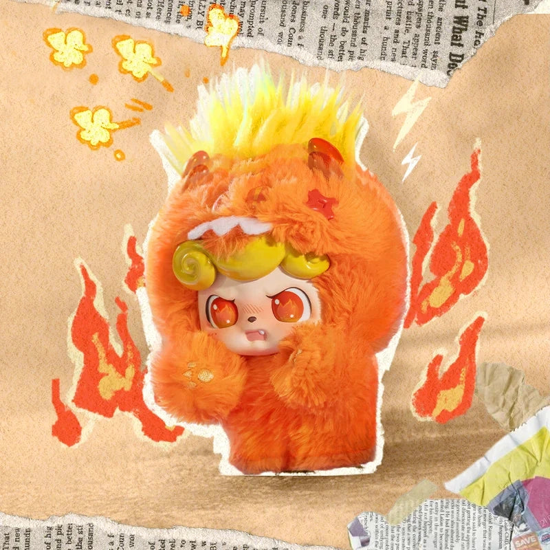 Orange anger Q kid plush toy with flames on a collage background