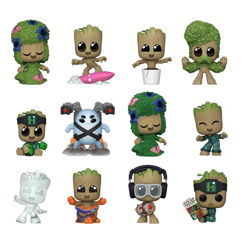 Collection of Groot figurines in various poses and costumes on a white background