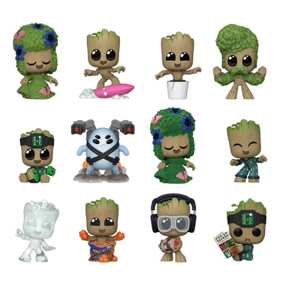 Collection of Groot figurines in various poses and costumes on a white background