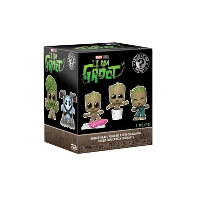 box of 'I Am Groot' Funko mystery mini figures with green text and character images on a white background.