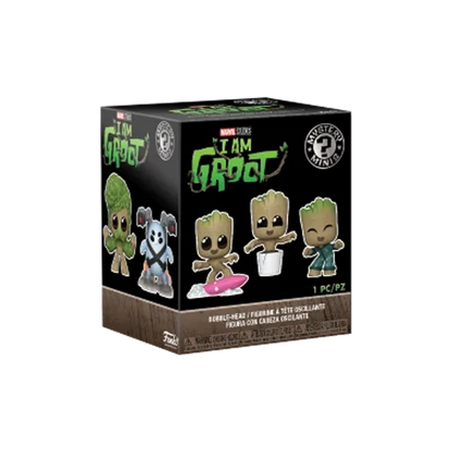 box of 'I Am Groot' Funko mystery mini figures with green text and character images on a white background.
