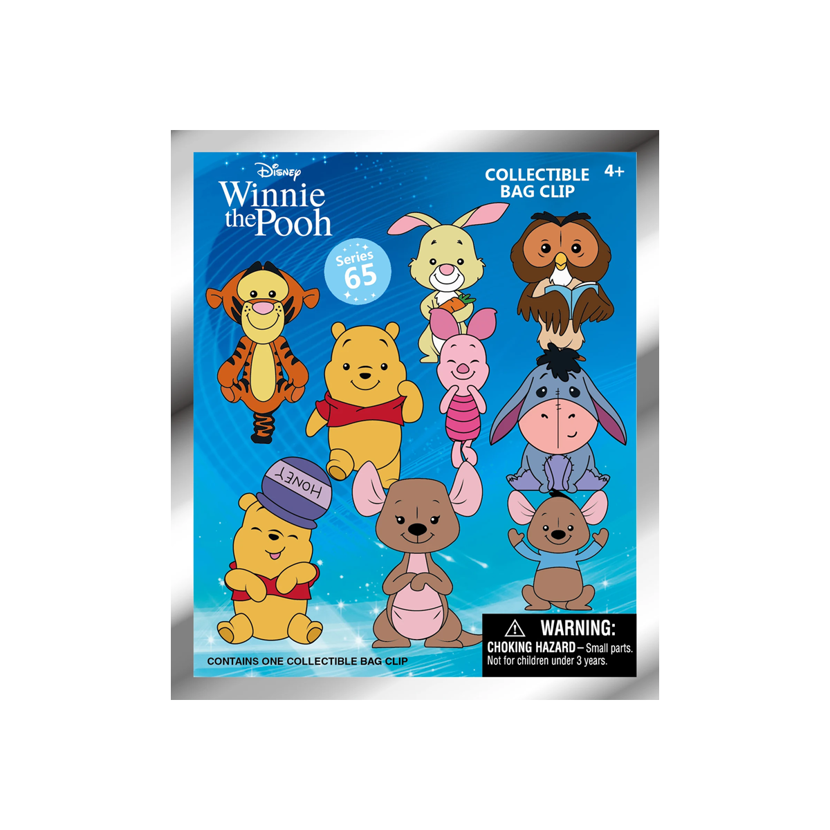 Packaging of Winnie the Pooh collectible bag clip with characters on a blue background