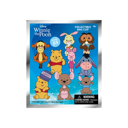 Packaging of Winnie the Pooh collectible bag clip with characters on a blue background