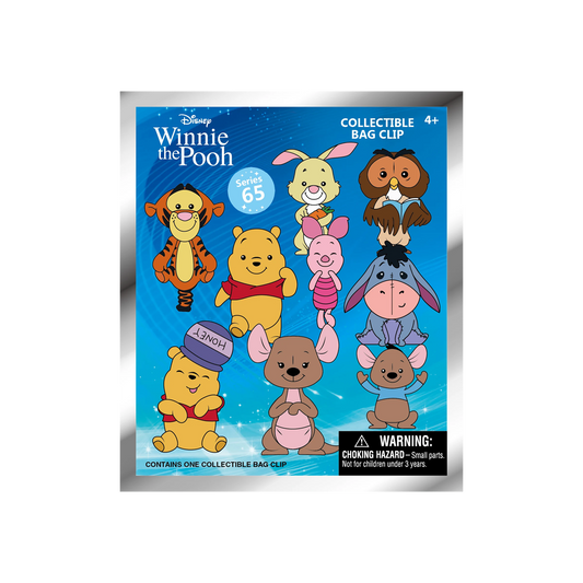 Packaging of Winnie the Pooh collectible bag clip with characters on a blue background