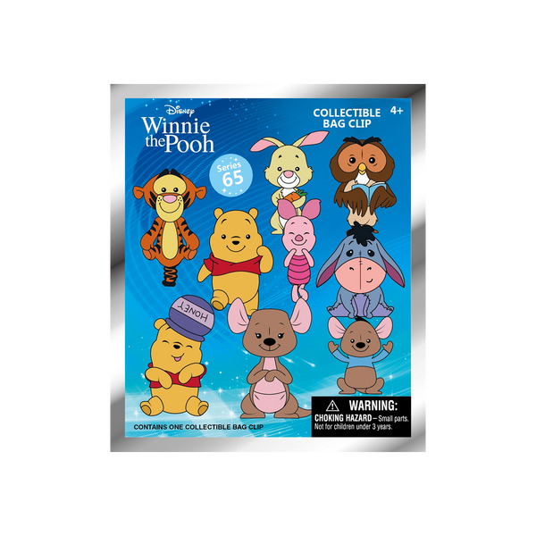 Packaging of Winnie the Pooh collectible bag clip with characters on a blue background