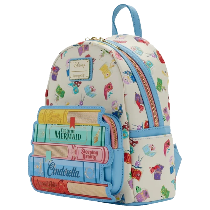 Disney Princess Books Classics Loungefly Mini Backpack with fairy tale princess book design on a white background