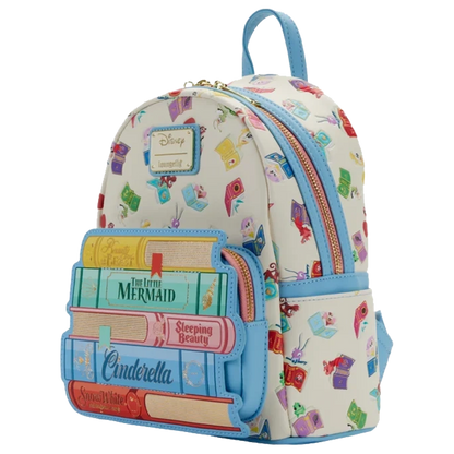 Disney Princess Books Classics Loungefly Mini Backpack with fairy tale princess book design on a white background