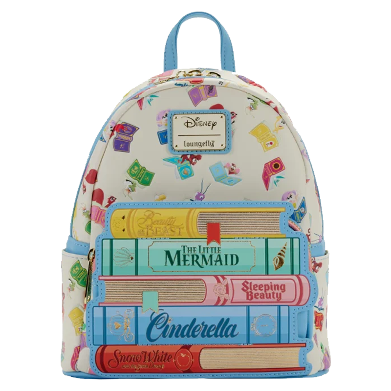 Disney Princess Books Classics Loungefly Mini Backpack with Disney book design and the princess sidekicks on a white background