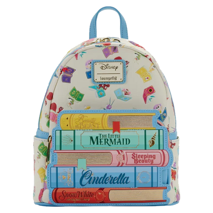 Disney Princess Books Classics Loungefly Mini Backpack with Disney book design and the princess sidekicks on a white background