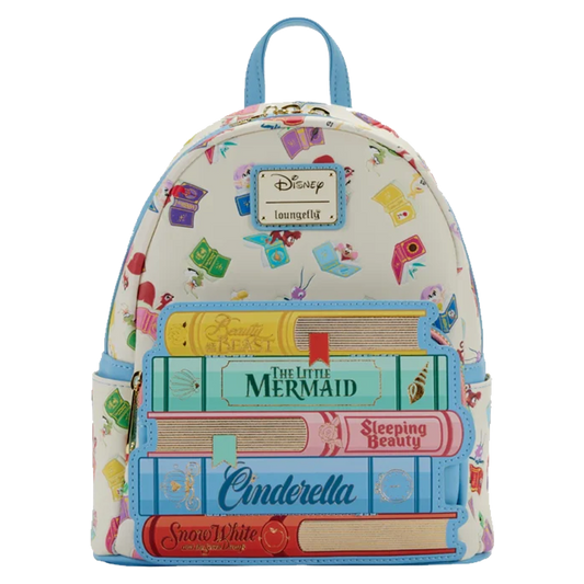 Disney Princess Books Classics Loungefly Mini Backpack with Disney book design and the princess sidekicks on a white background