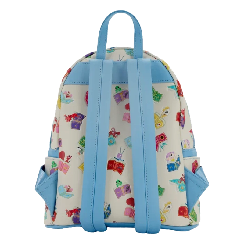 Backpack with colorful pattern and blue straps on a white background