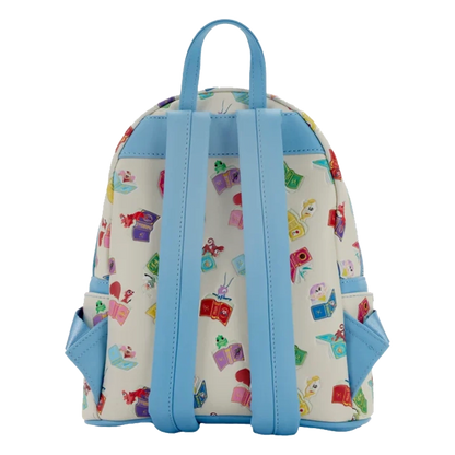 Backpack with colorful pattern and blue straps on a white background
