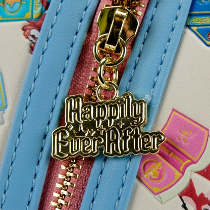 Gold 'Happily Ever After' charm on a blue zipper with Disney Princess Books Classics Loungefly Mini Backpack