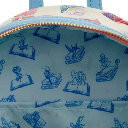Close-up of a lining of Disney Princess Books Classics Loungefly Mini Backpack with princess side kicks character illustrations on a light blue background.