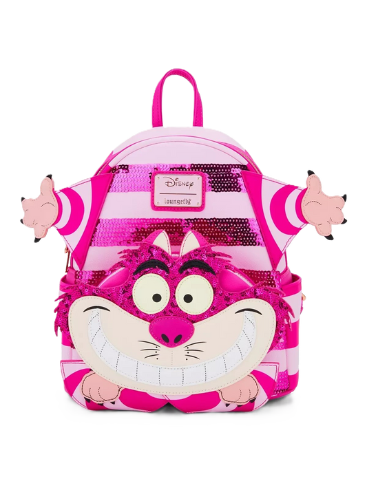 Pink and white striped Cheshire cat Loungefly backpack on a white background