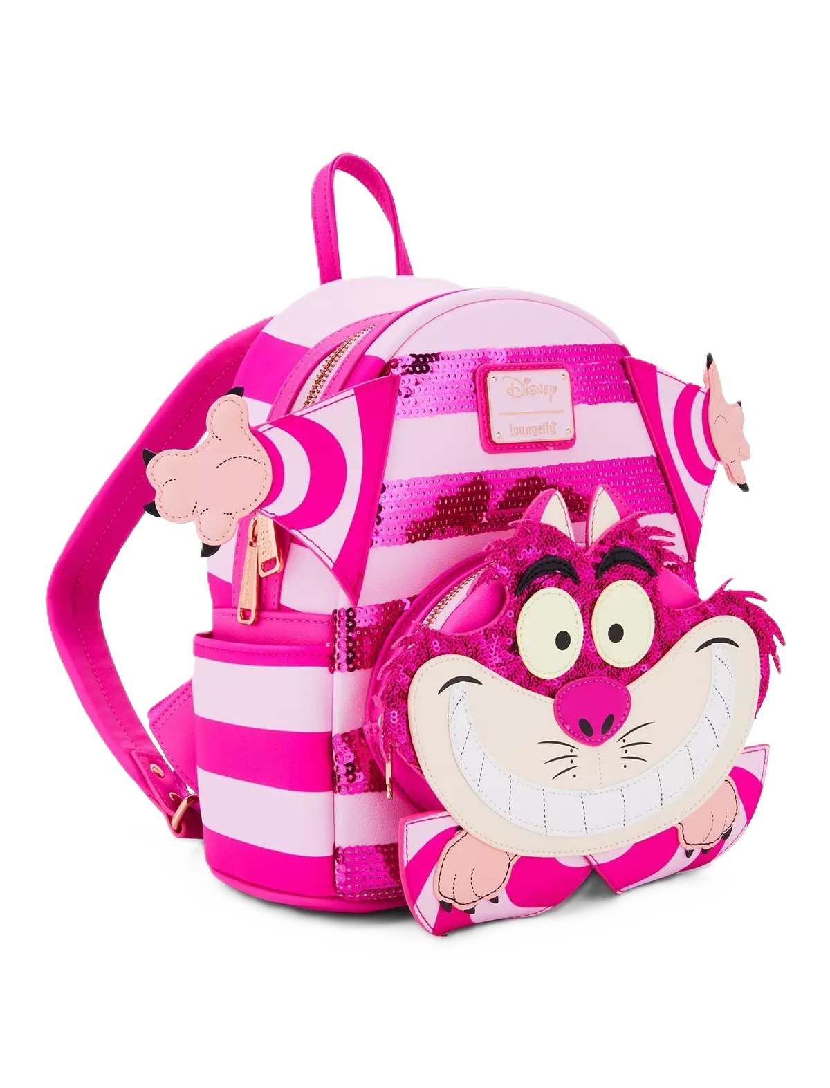 Pink and white striped loungefly backpack with Cheshire design on a white background