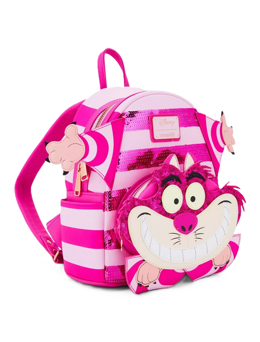 Pink and white striped loungefly backpack with Cheshire design on a white background