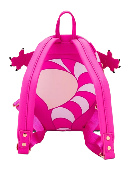 Pink backpack with cartoon character design on a white background